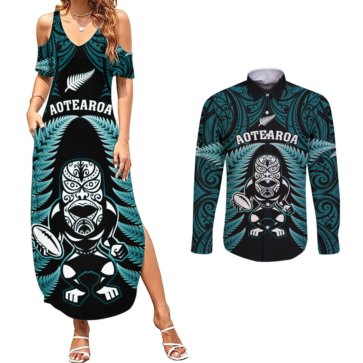 New Zealand Aotearoa Rugby Couples Matching Summer Maxi Dress and Long Sleeve Button Shirts NZ Tiki With Maori Fern World Cup Turquoise Version - Wonder Print Shop