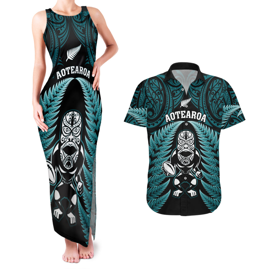 New Zealand Aotearoa Rugby Couples Matching Tank Maxi Dress and Hawaiian Shirt NZ Tiki With Maori Fern World Cup Turquoise Version - Wonder Print Shop