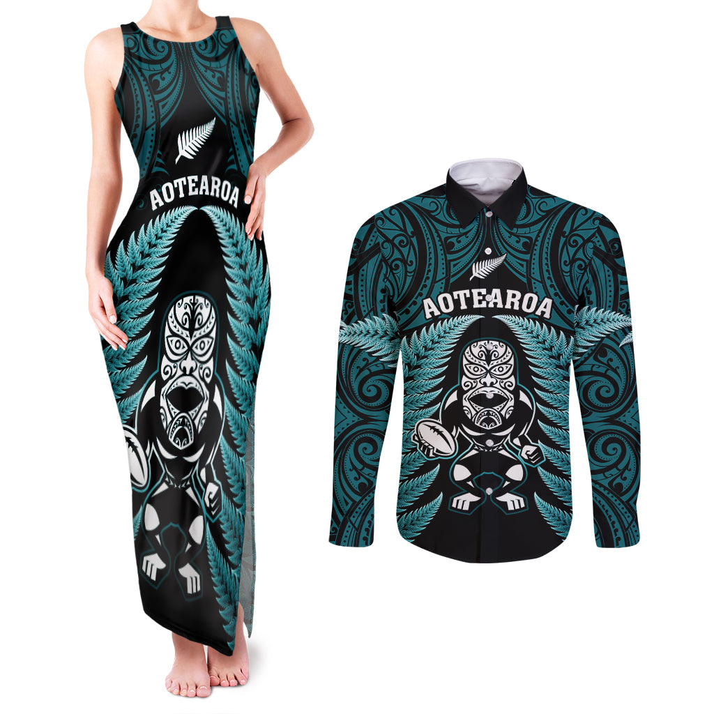 New Zealand Aotearoa Rugby Couples Matching Tank Maxi Dress and Long Sleeve Button Shirts NZ Tiki With Maori Fern World Cup Turquoise Version - Wonder Print Shop