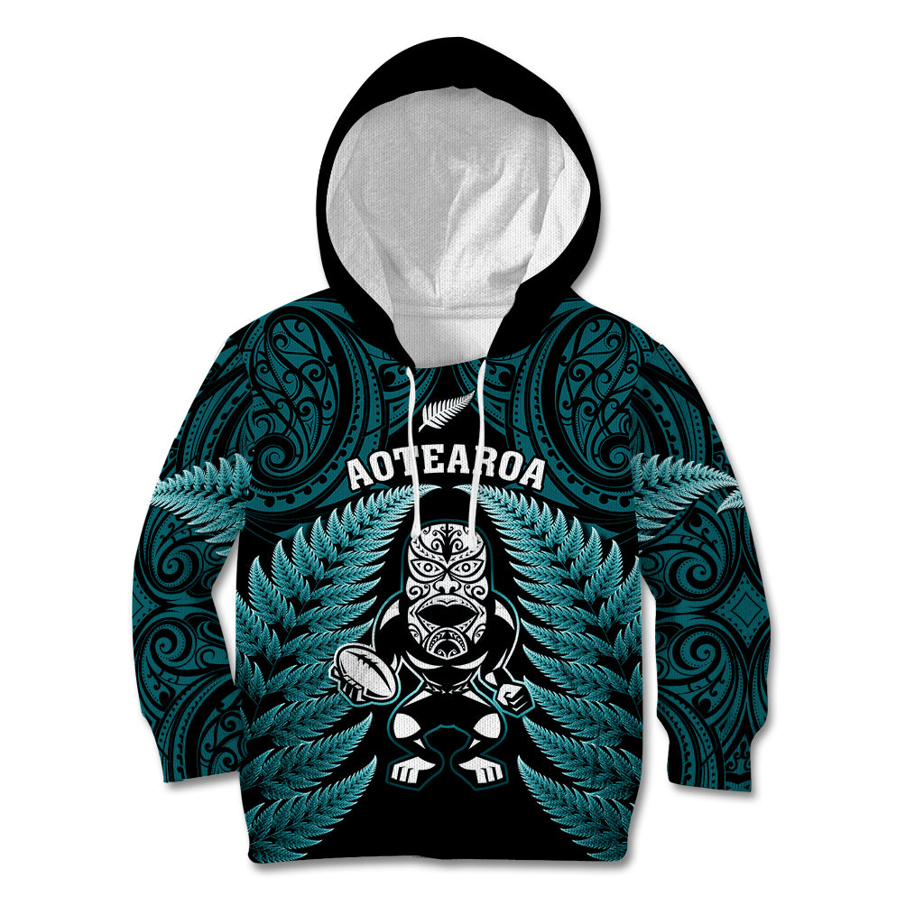 New Zealand Aotearoa Rugby Kid Hoodie NZ Tiki With Maori Fern World Cup Turquoise Version - Wonder Print Shop