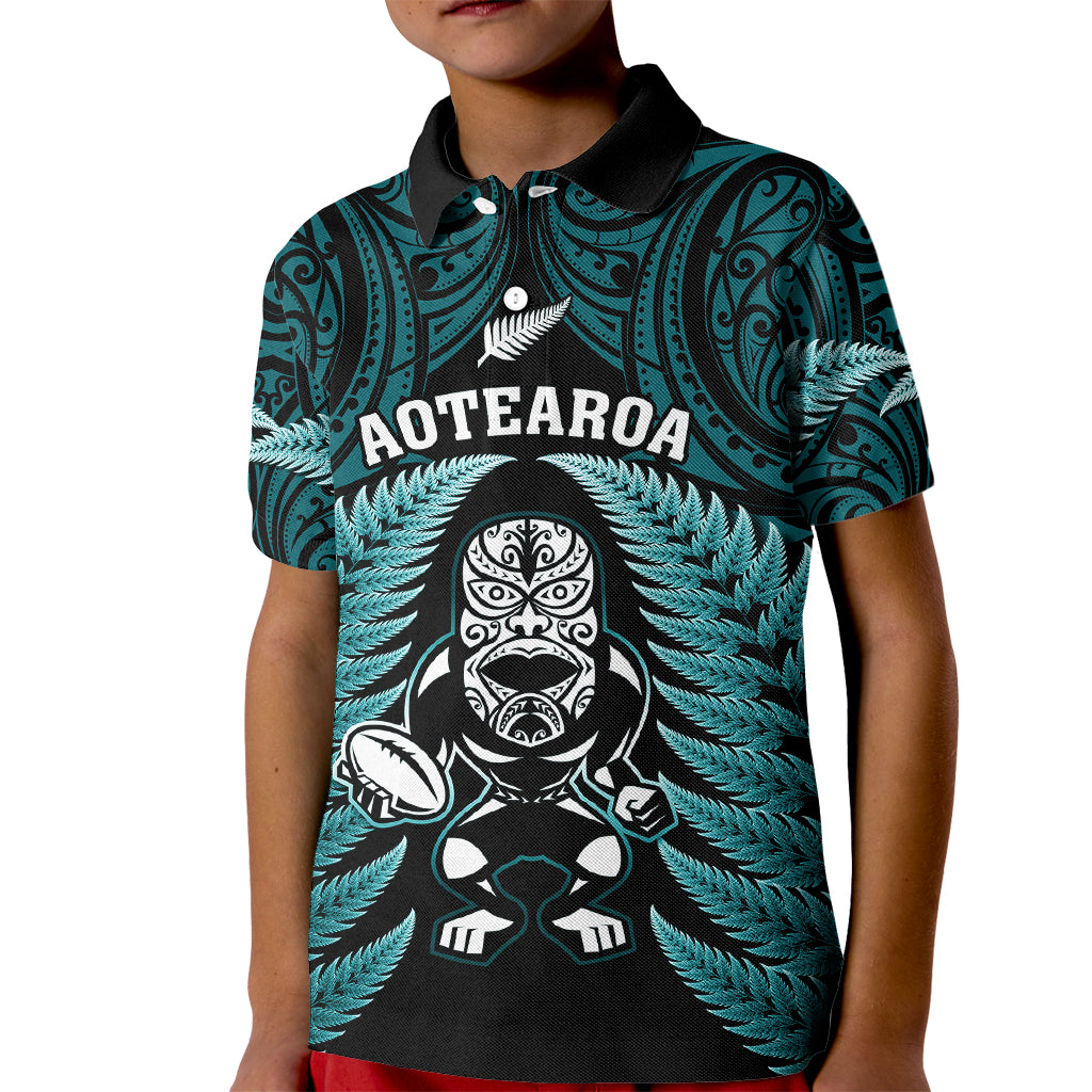 New Zealand Aotearoa Rugby Kid Polo Shirt NZ Tiki With Maori Fern World Cup Turquoise Version - Wonder Print Shop