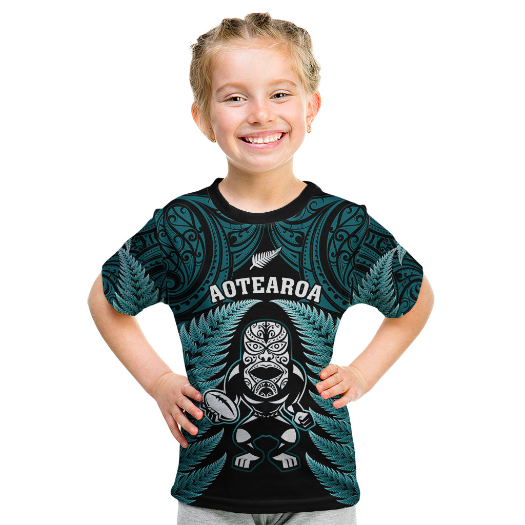 New Zealand Aotearoa Rugby Kid T Shirt NZ Tiki With Maori Fern World Cup Turquoise Version - Wonder Print Shop