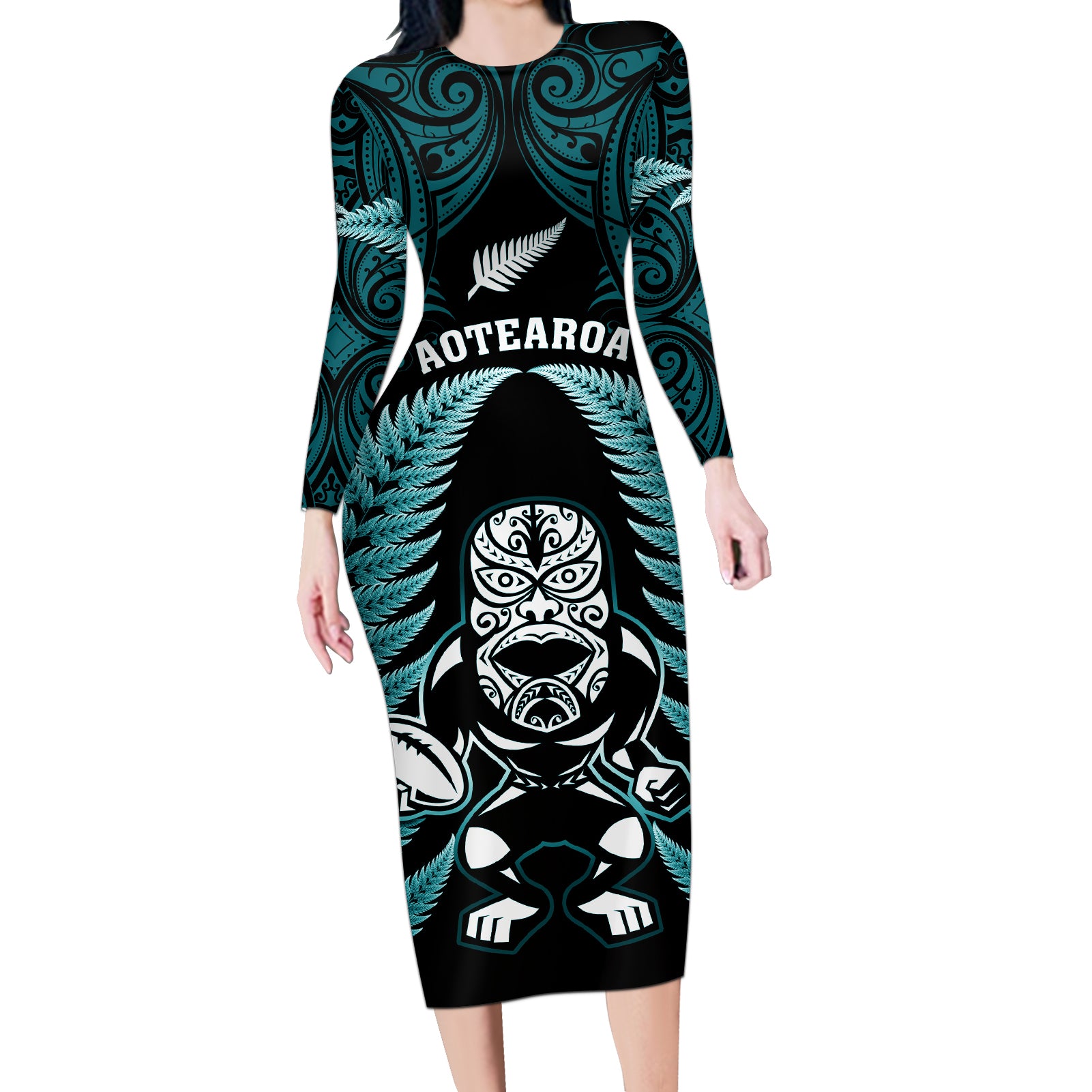 New Zealand Aotearoa Rugby Long Sleeve Bodycon Dress NZ Tiki With Maori Fern World Cup Turquoise Version - Wonder Print Shop