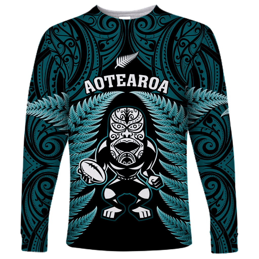 New Zealand Aotearoa Rugby Long Sleeve Shirt NZ Tiki With Maori Fern World Cup Turquoise Version - Wonder Print Shop