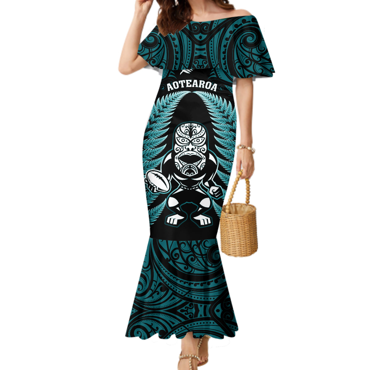 New Zealand Aotearoa Rugby Mermaid Dress NZ Tiki With Maori Fern World Cup Turquoise Version - Wonder Print Shop