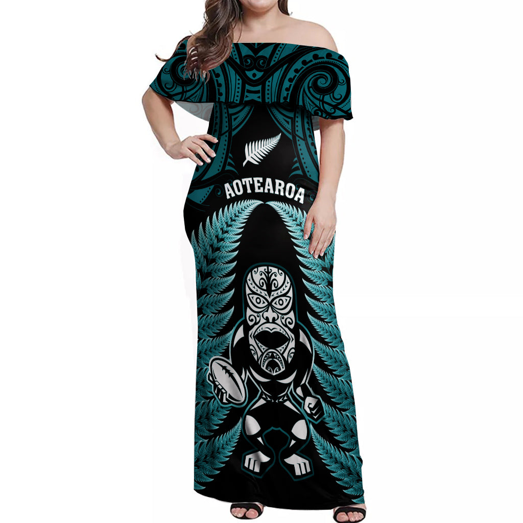 New Zealand Aotearoa Rugby Off Shoulder Maxi Dress NZ Tiki With Maori Fern World Cup Turquoise Version - Wonder Print Shop