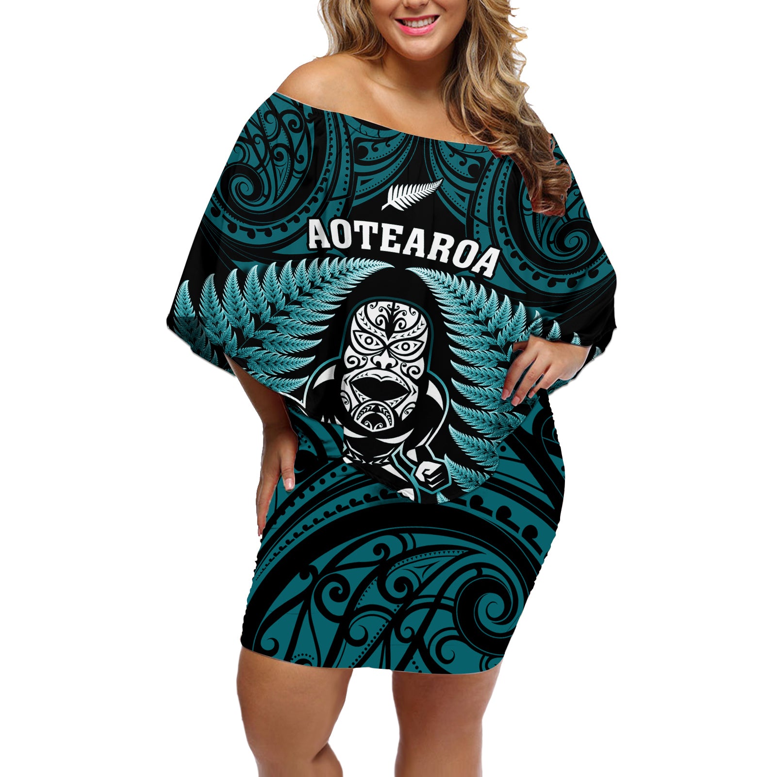 New Zealand Aotearoa Rugby Off Shoulder Short Dress NZ Tiki With Maori Fern World Cup Turquoise Version - Wonder Print Shop