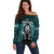 New Zealand Aotearoa Rugby Off Shoulder Sweater NZ Tiki With Maori Fern World Cup Turquoise Version - Wonder Print Shop