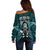 New Zealand Aotearoa Rugby Off Shoulder Sweater NZ Tiki With Maori Fern World Cup Turquoise Version - Wonder Print Shop