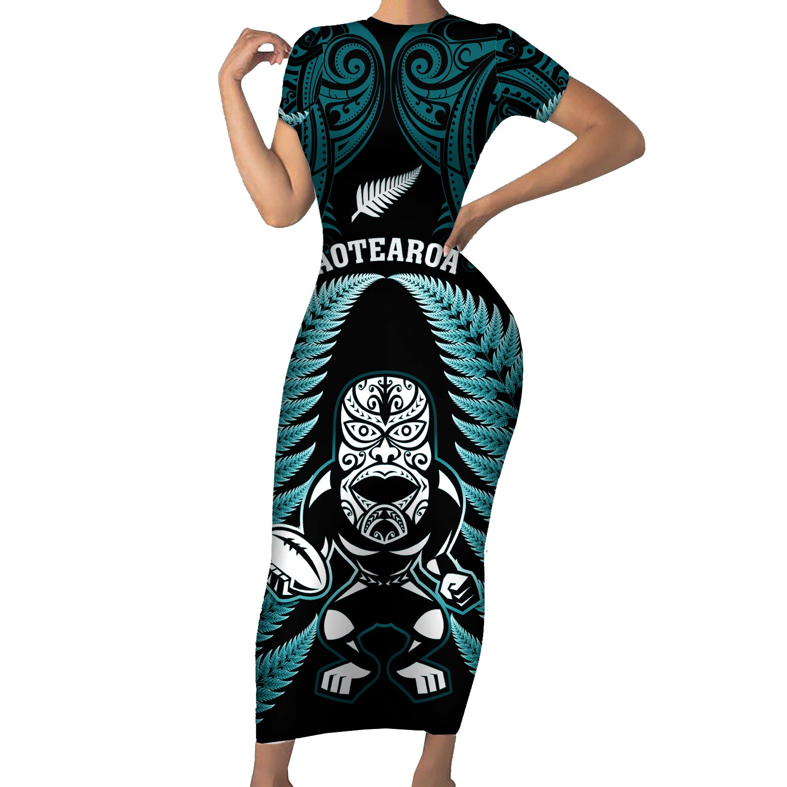 New Zealand Aotearoa Rugby Short Sleeve Bodycon Dress NZ Tiki With Maori Fern World Cup Turquoise Version - Wonder Print Shop