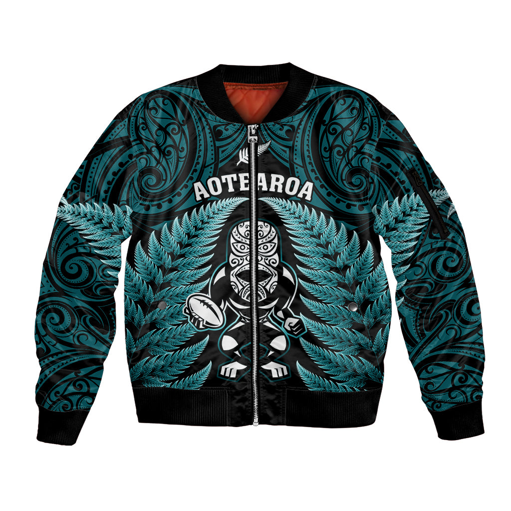 New Zealand Aotearoa Rugby Sleeve Zip Bomber Jacket NZ Tiki With Maori Fern World Cup Turquoise Version - Wonder Print Shop