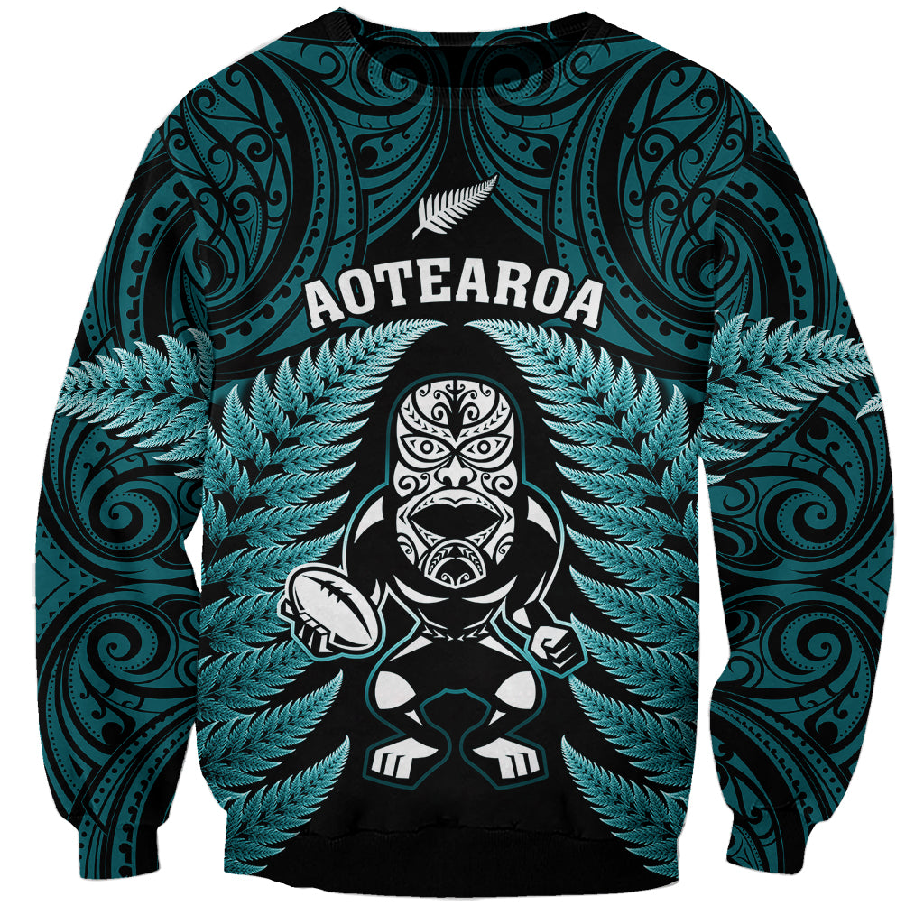 New Zealand Aotearoa Rugby Sweatshirt NZ Tiki With Maori Fern World Cup Turquoise Version - Wonder Print Shop