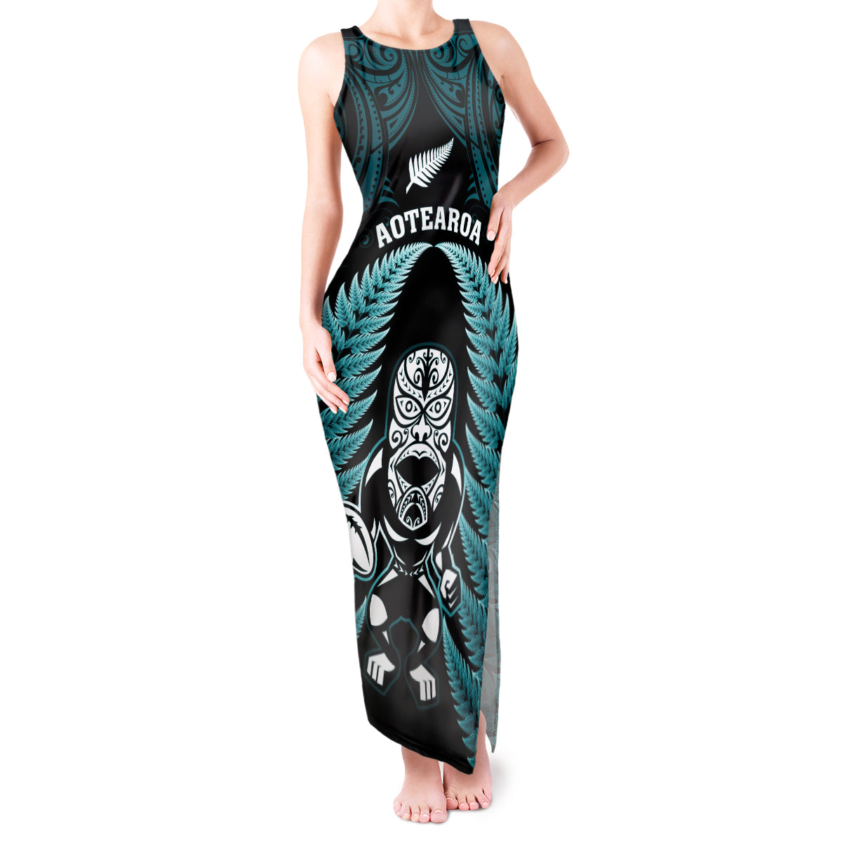 New Zealand Aotearoa Rugby Tank Maxi Dress NZ Tiki With Maori Fern World Cup Turquoise Version - Wonder Print Shop