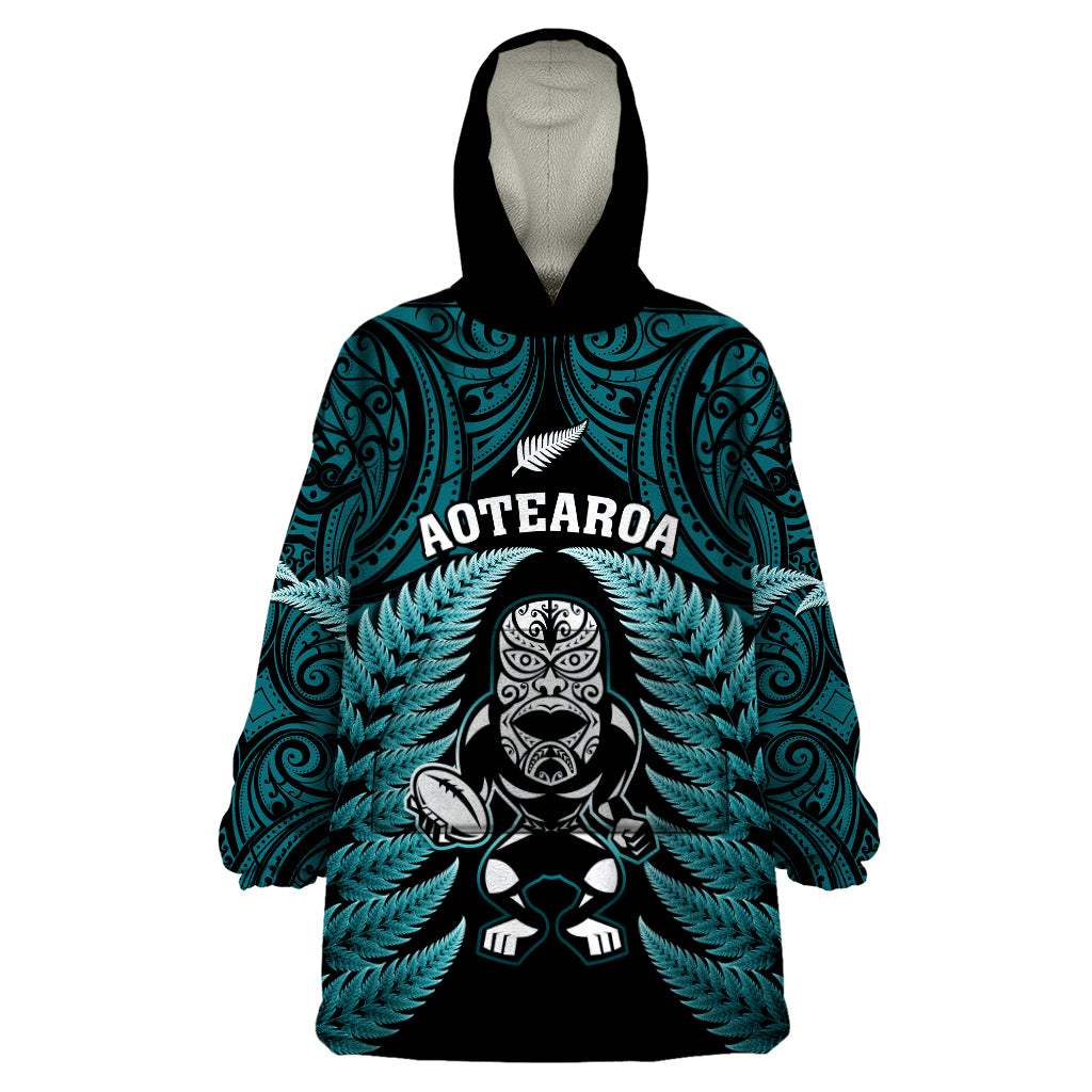 New Zealand Aotearoa Rugby Wearable Blanket Hoodie NZ Tiki With Maori Fern World Cup Turquoise Version - Wonder Print Shop