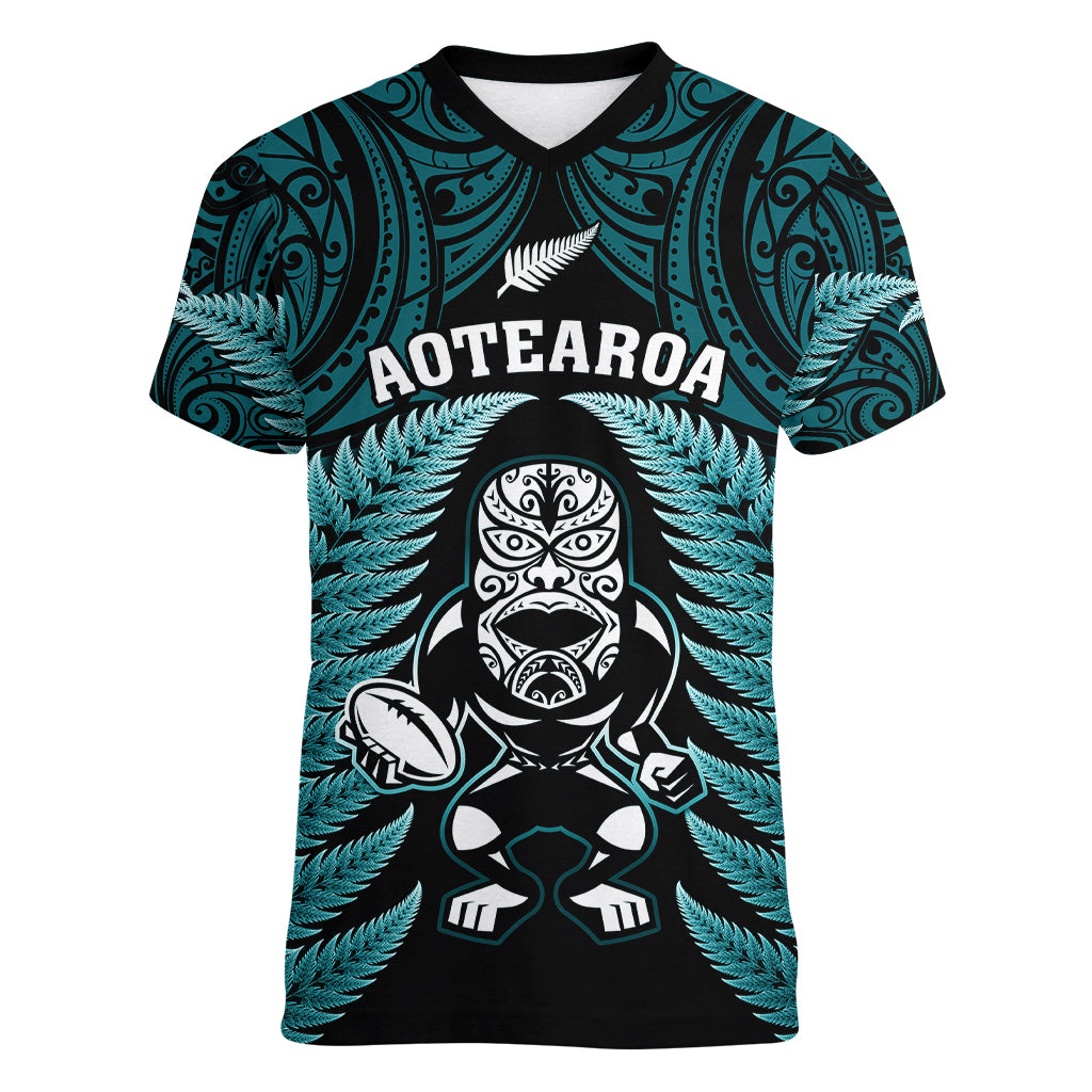 New Zealand Aotearoa Rugby Women V Neck T Shirt NZ Tiki With Maori Fern World Cup Turquoise Version - Wonder Print Shop