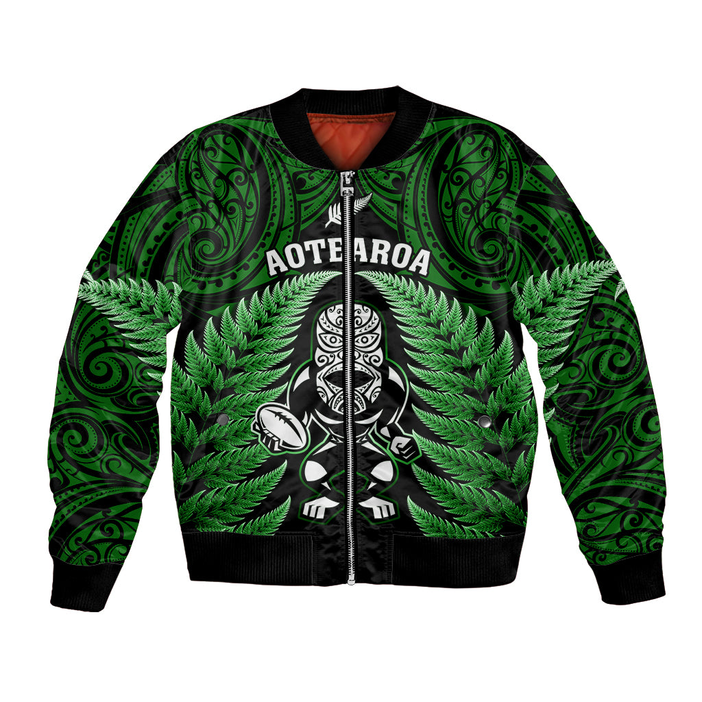 Green bomber jacket with ribbed collar, front zip, AOTEAROA fern tiki graphic
