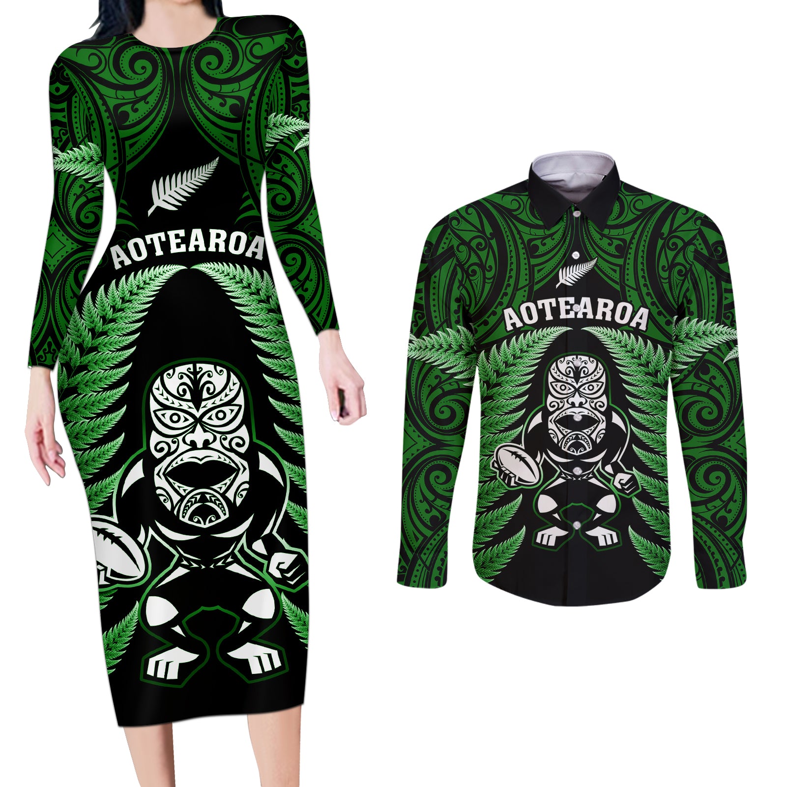 New Zealand Aotearoa Rugby Couples Matching Long Sleeve Bodycon Dress and Long Sleeve Button Shirts NZ Tiki With Maori Fern World Cup Green Version - Wonder Print Shop