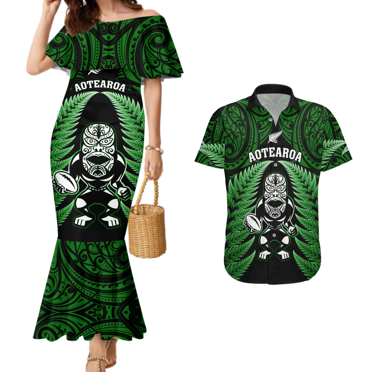 New Zealand Aotearoa Rugby Couples Matching Mermaid Dress and Hawaiian Shirt NZ Tiki With Maori Fern World Cup Green Version - Wonder Print Shop