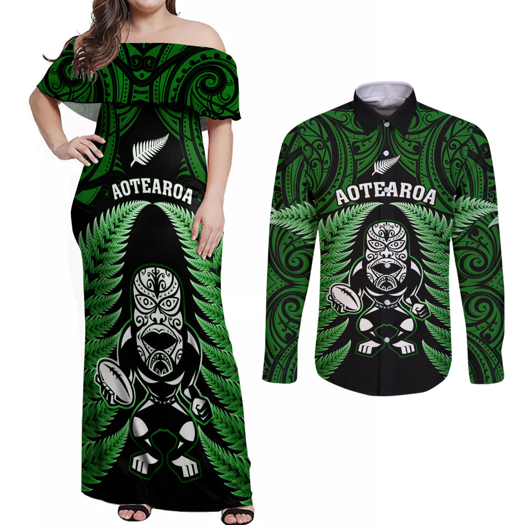 New Zealand Aotearoa Rugby Couples Matching Off Shoulder Maxi Dress and Long Sleeve Button Shirts NZ Tiki With Maori Fern World Cup Green Version - Wonder Print Shop