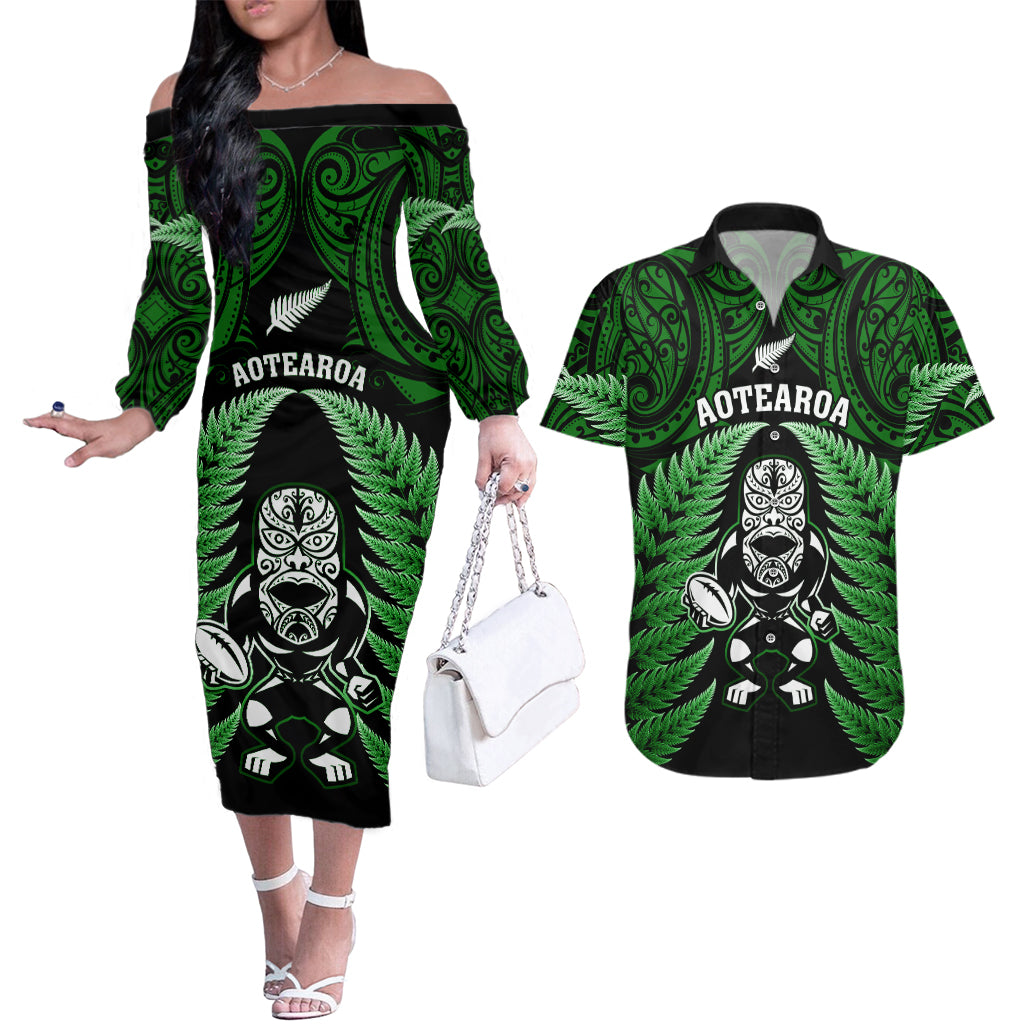 New Zealand Aotearoa Rugby Couples Matching Off The Shoulder Long Sleeve Dress and Hawaiian Shirt NZ Tiki With Maori Fern World Cup Green Version - Wonder Print Shop