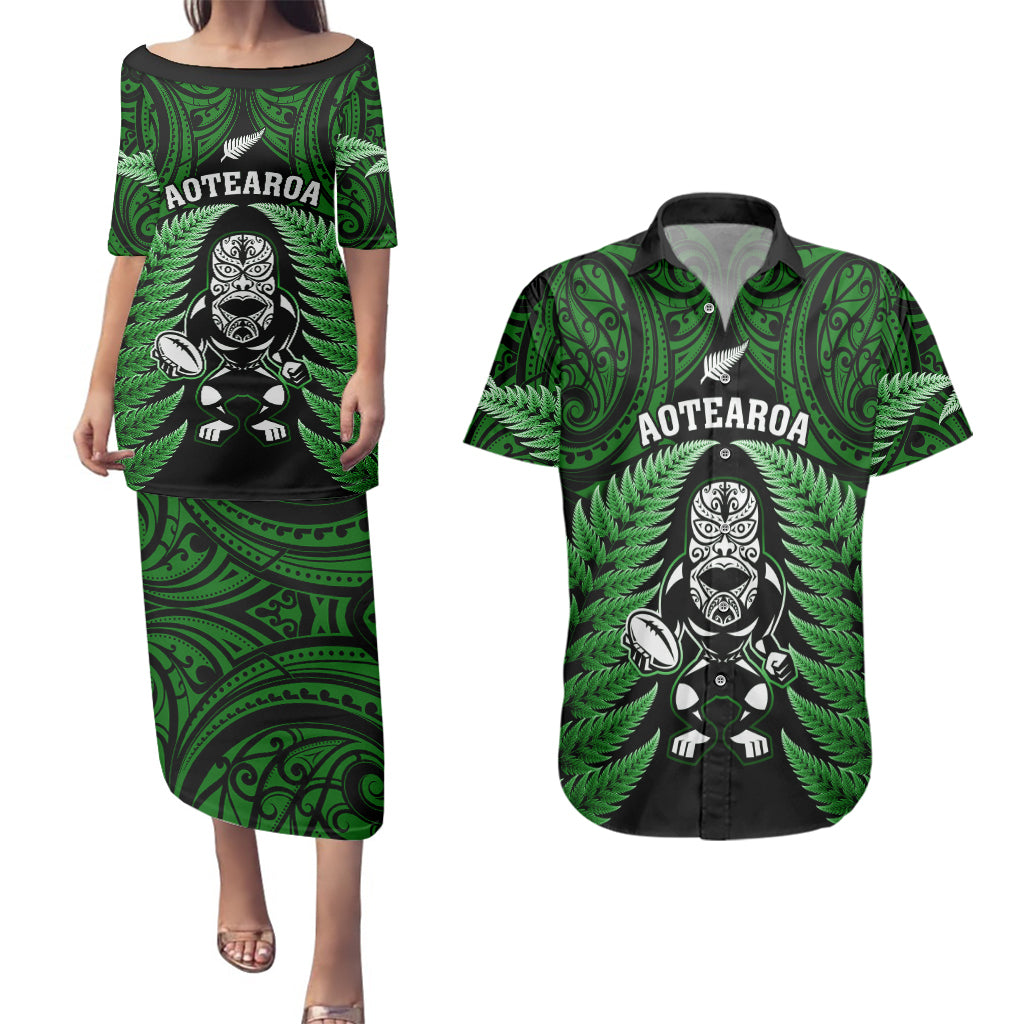 New Zealand Aotearoa Rugby Couples Matching Puletasi Dress and Hawaiian Shirt NZ Tiki With Maori Fern World Cup Green Version - Wonder Print Shop