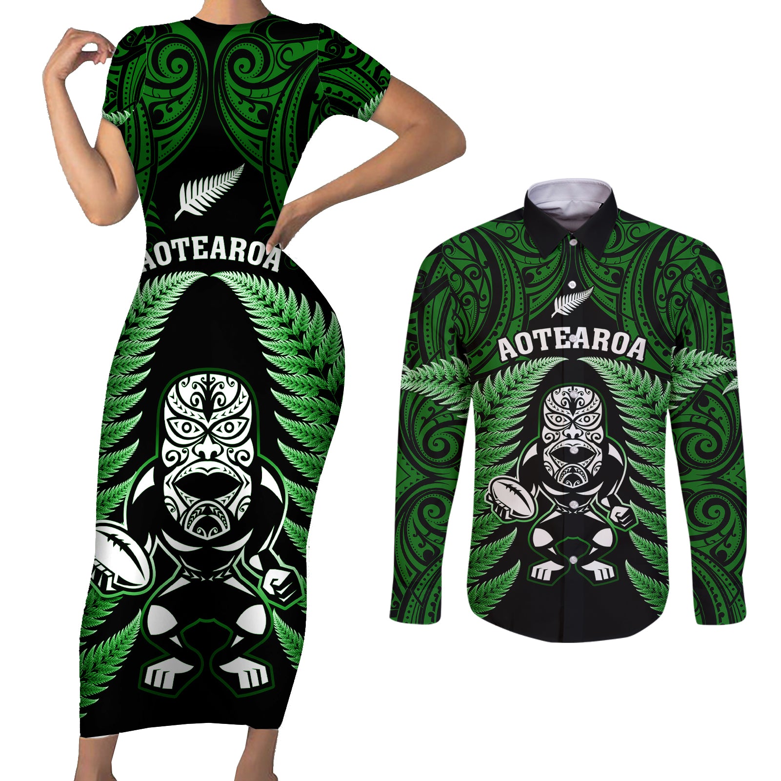 New Zealand Aotearoa Rugby Couples Matching Short Sleeve Bodycon Dress and Long Sleeve Button Shirts NZ Tiki With Maori Fern World Cup Green Version - Wonder Print Shop