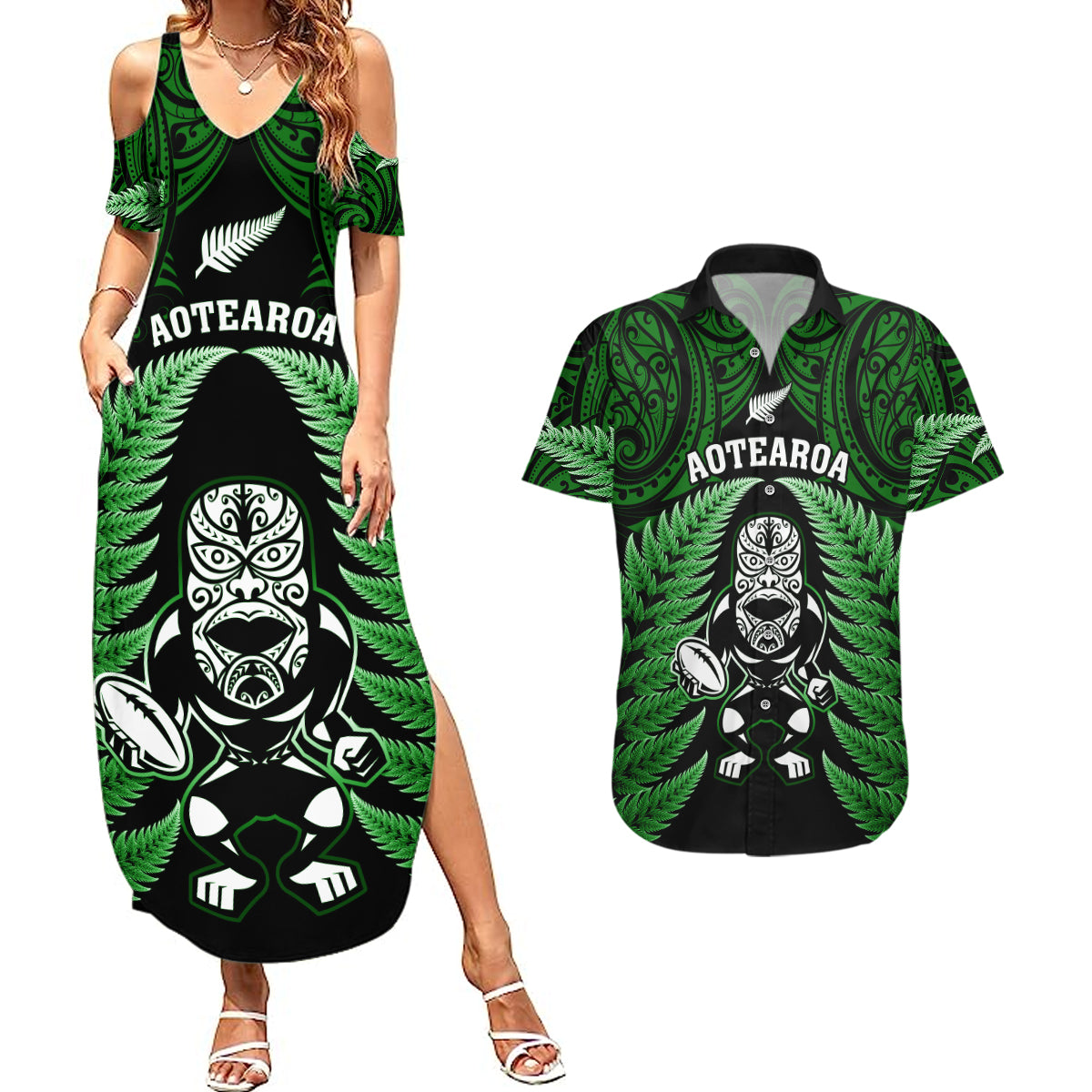 New Zealand Aotearoa Rugby Couples Matching Summer Maxi Dress and Hawaiian Shirt NZ Tiki With Maori Fern World Cup Green Version - Wonder Print Shop