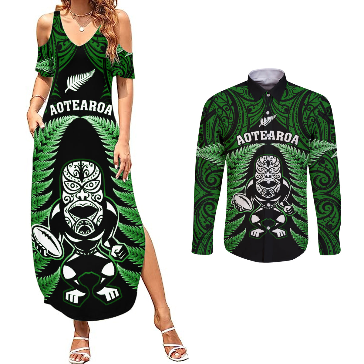 New Zealand Aotearoa Rugby Couples Matching Summer Maxi Dress and Long Sleeve Button Shirts NZ Tiki With Maori Fern World Cup Green Version - Wonder Print Shop