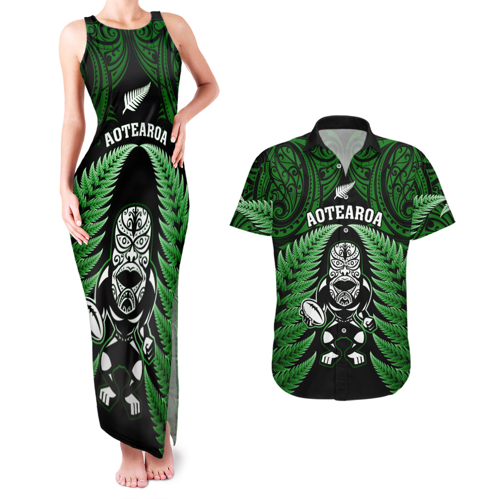 New Zealand Aotearoa Rugby Couples Matching Tank Maxi Dress and Hawaiian Shirt NZ Tiki With Maori Fern World Cup Green Version - Wonder Print Shop