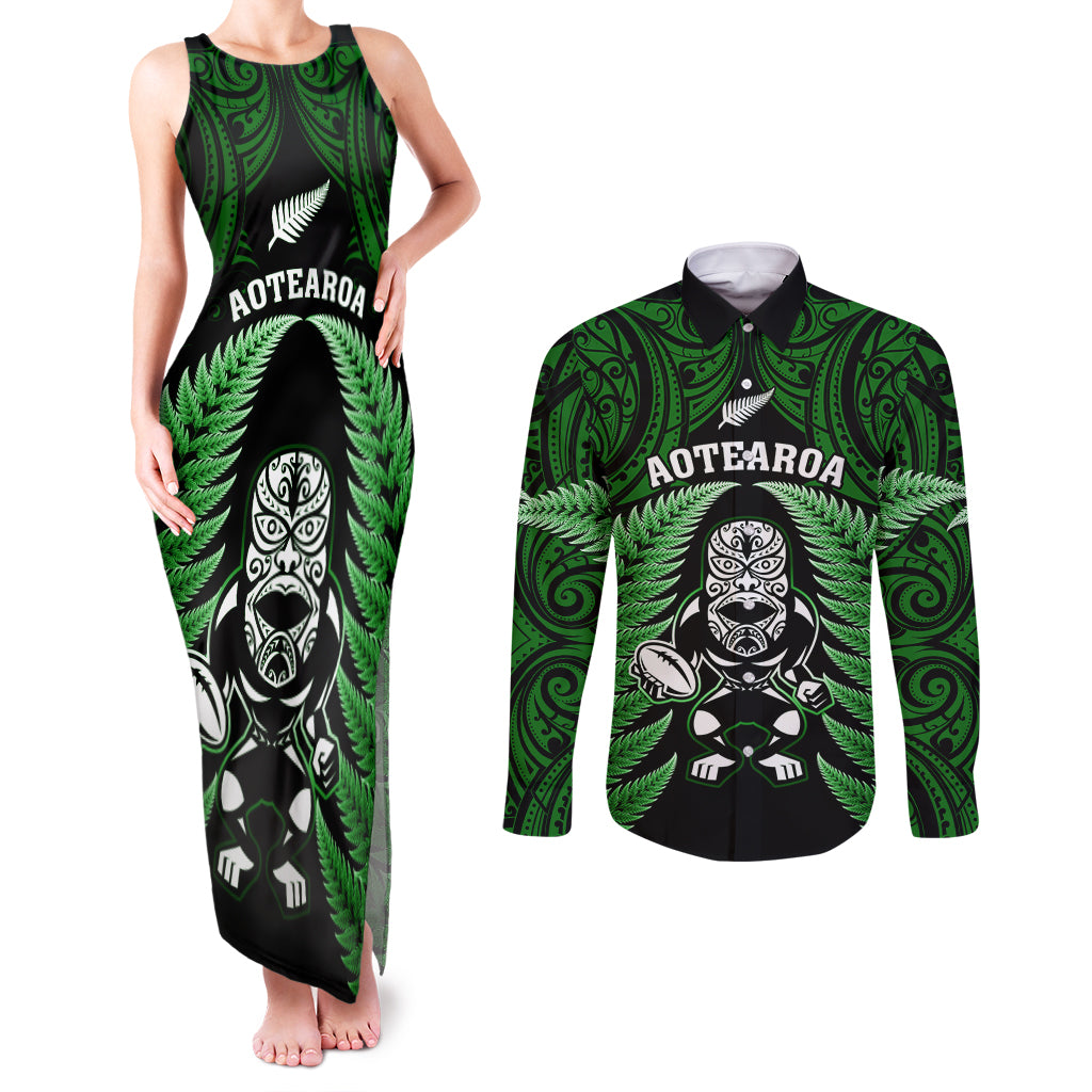 New Zealand Aotearoa Rugby Couples Matching Tank Maxi Dress and Long Sleeve Button Shirts NZ Tiki With Maori Fern World Cup Green Version - Wonder Print Shop