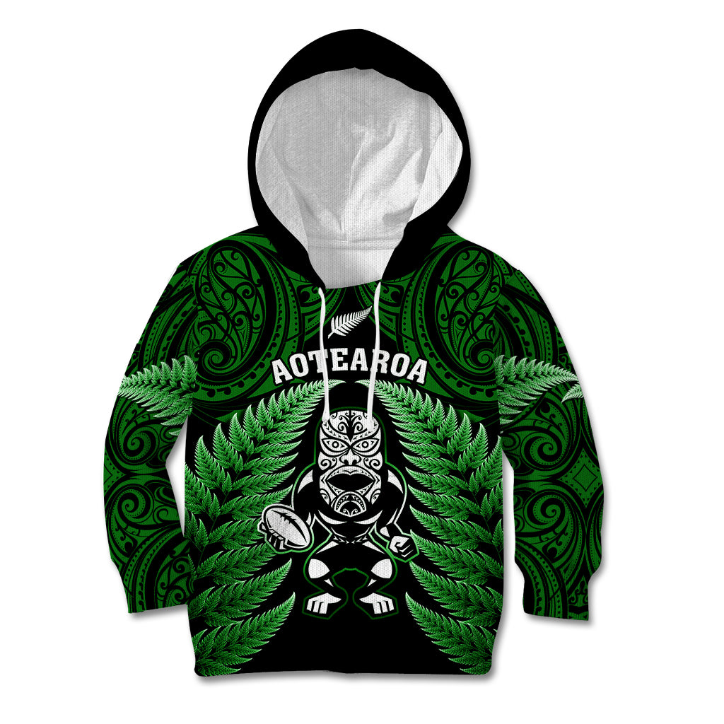 New Zealand Aotearoa Rugby Kid Hoodie NZ Tiki With Maori Fern World Cup Green Version - Wonder Print Shop