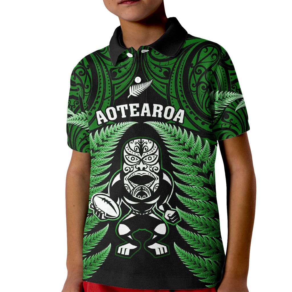 New Zealand Aotearoa Rugby Kid Polo Shirt NZ Tiki With Maori Fern World Cup Green Version - Wonder Print Shop