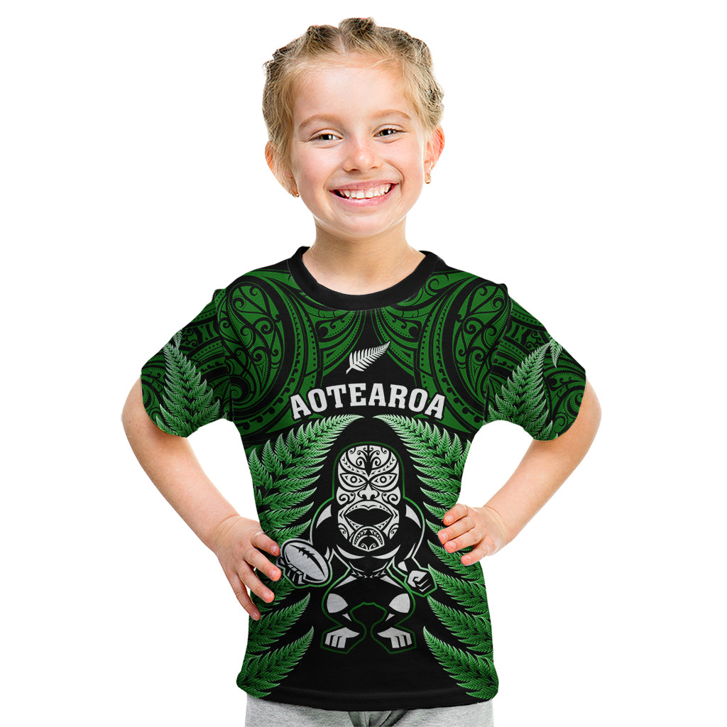 New Zealand Aotearoa Rugby Kid T Shirt NZ Tiki With Maori Fern World Cup Green Version - Wonder Print Shop