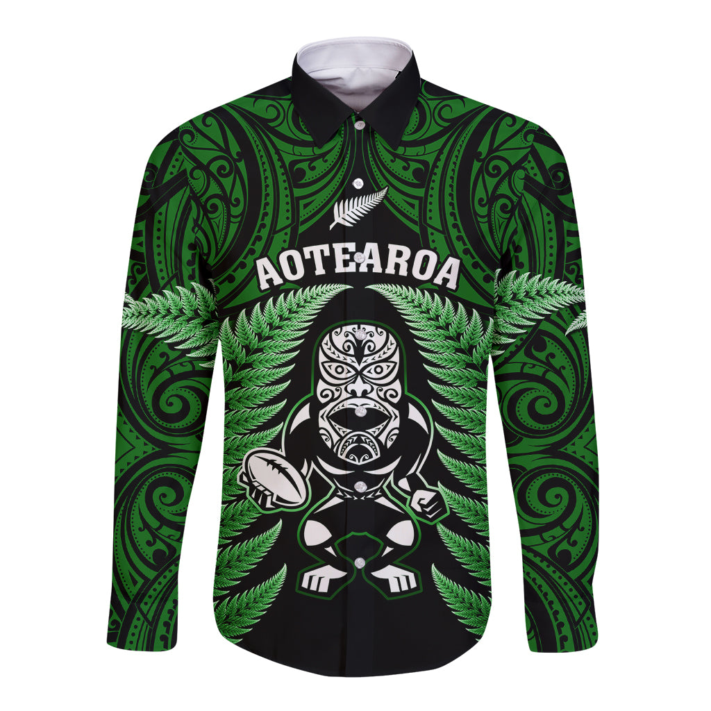 New Zealand Aotearoa Rugby Long Sleeve Button Shirt NZ Tiki With Maori Fern World Cup Green Version - Wonder Print Shop