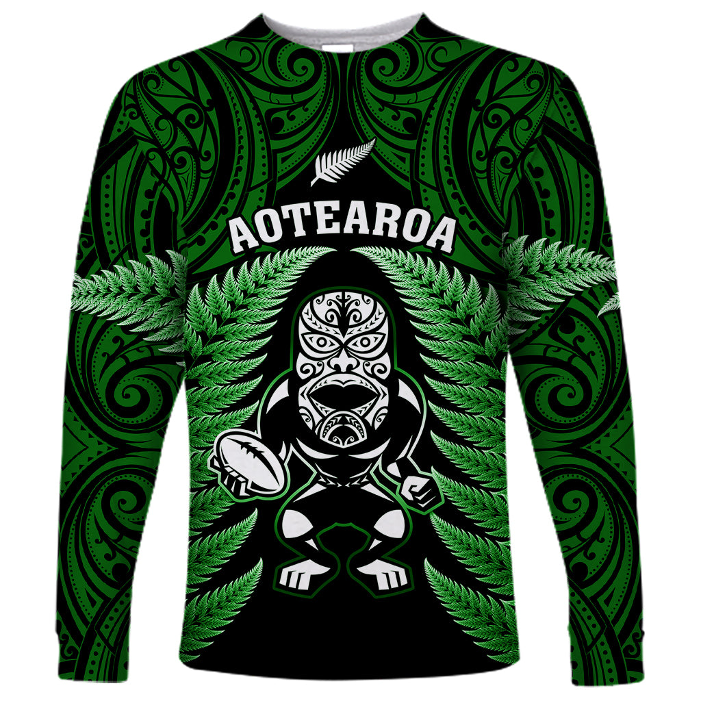 New Zealand Aotearoa Rugby Long Sleeve Shirt NZ Tiki With Maori Fern World Cup Green Version - Wonder Print Shop