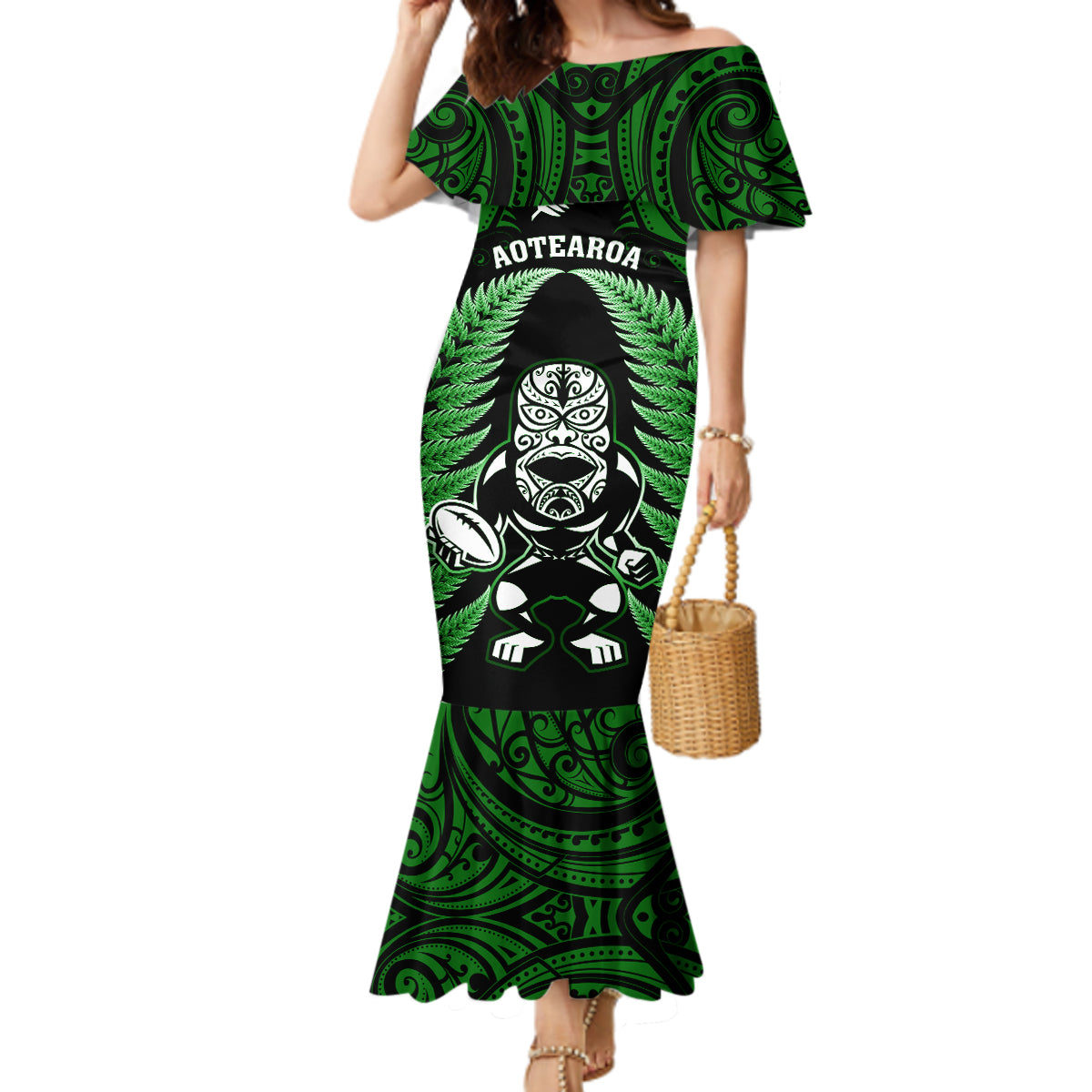 New Zealand Aotearoa Rugby Mermaid Dress NZ Tiki With Maori Fern World Cup Green Version - Wonder Print Shop