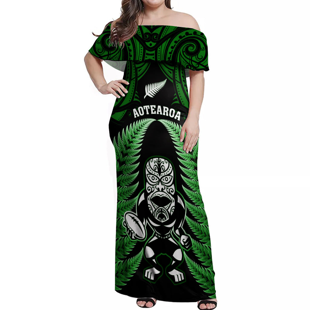 New Zealand Aotearoa Rugby Off Shoulder Maxi Dress NZ Tiki With Maori Fern World Cup Green Version - Wonder Print Shop