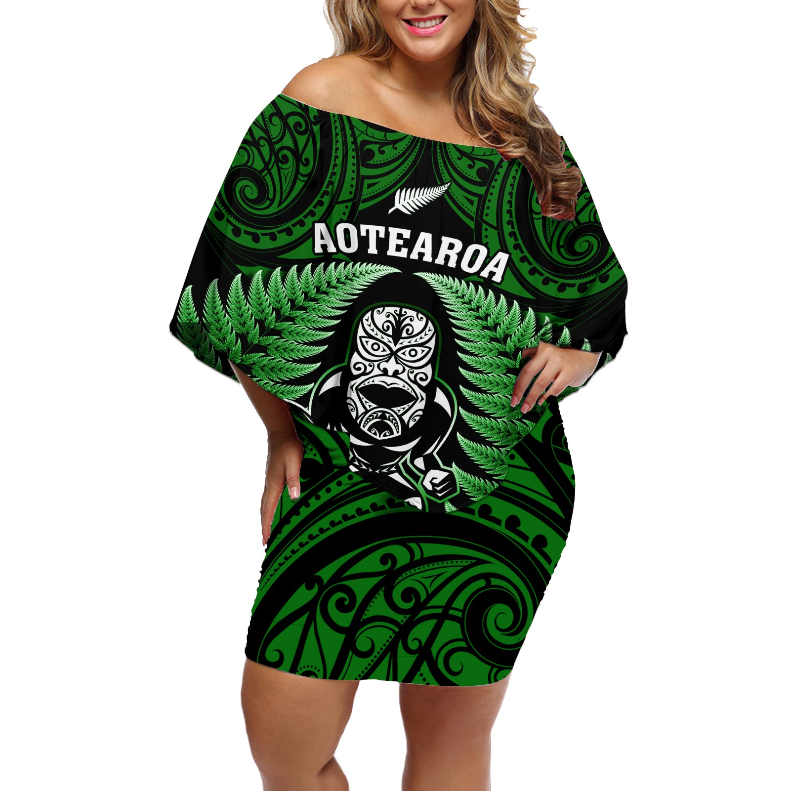 New Zealand Aotearoa Rugby Off Shoulder Short Dress NZ Tiki With Maori Fern World Cup Green Version - Wonder Print Shop