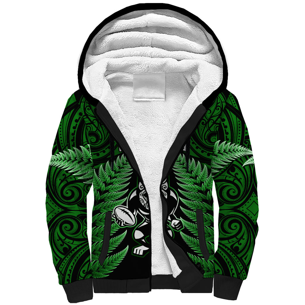 New Zealand Aotearoa Rugby Sherpa Hoodie NZ Tiki With Maori Fern World Cup Green Version - Wonder Print Shop