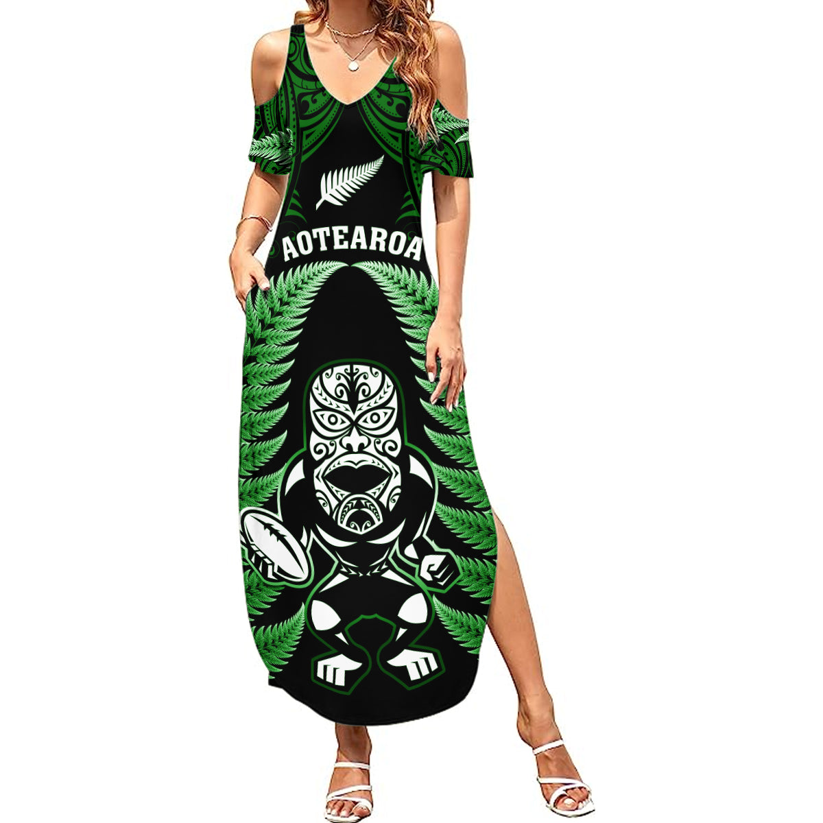 New Zealand Aotearoa Rugby Summer Maxi Dress NZ Tiki With Maori Fern World Cup Green Version - Wonder Print Shop