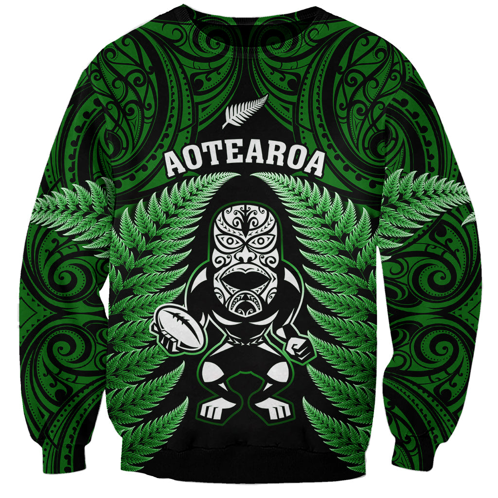 New Zealand Aotearoa Rugby Sweatshirt NZ Tiki With Maori Fern World Cup Green Version - Wonder Print Shop