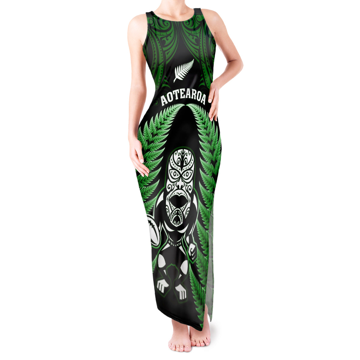 New Zealand Aotearoa Rugby Tank Maxi Dress NZ Tiki With Maori Fern World Cup Green Version - Wonder Print Shop