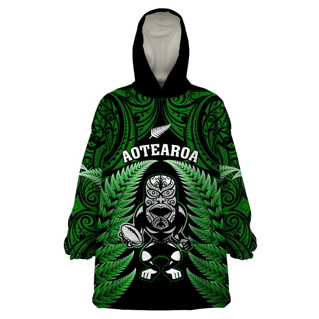 New Zealand Aotearoa Rugby Wearable Blanket Hoodie NZ Tiki With Maori Fern World Cup Green Version - Wonder Print Shop