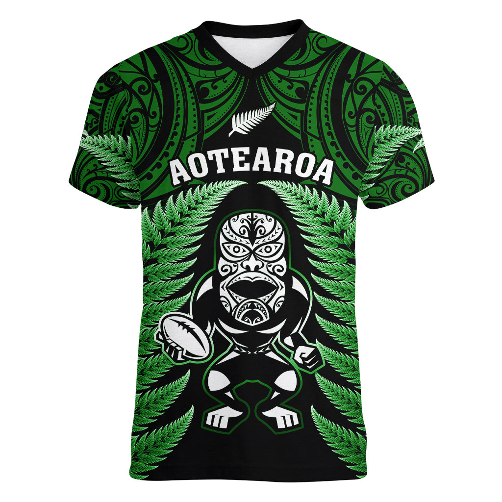 New Zealand Aotearoa Rugby Women V Neck T Shirt NZ Tiki With Maori Fern World Cup Green Version - Wonder Print Shop