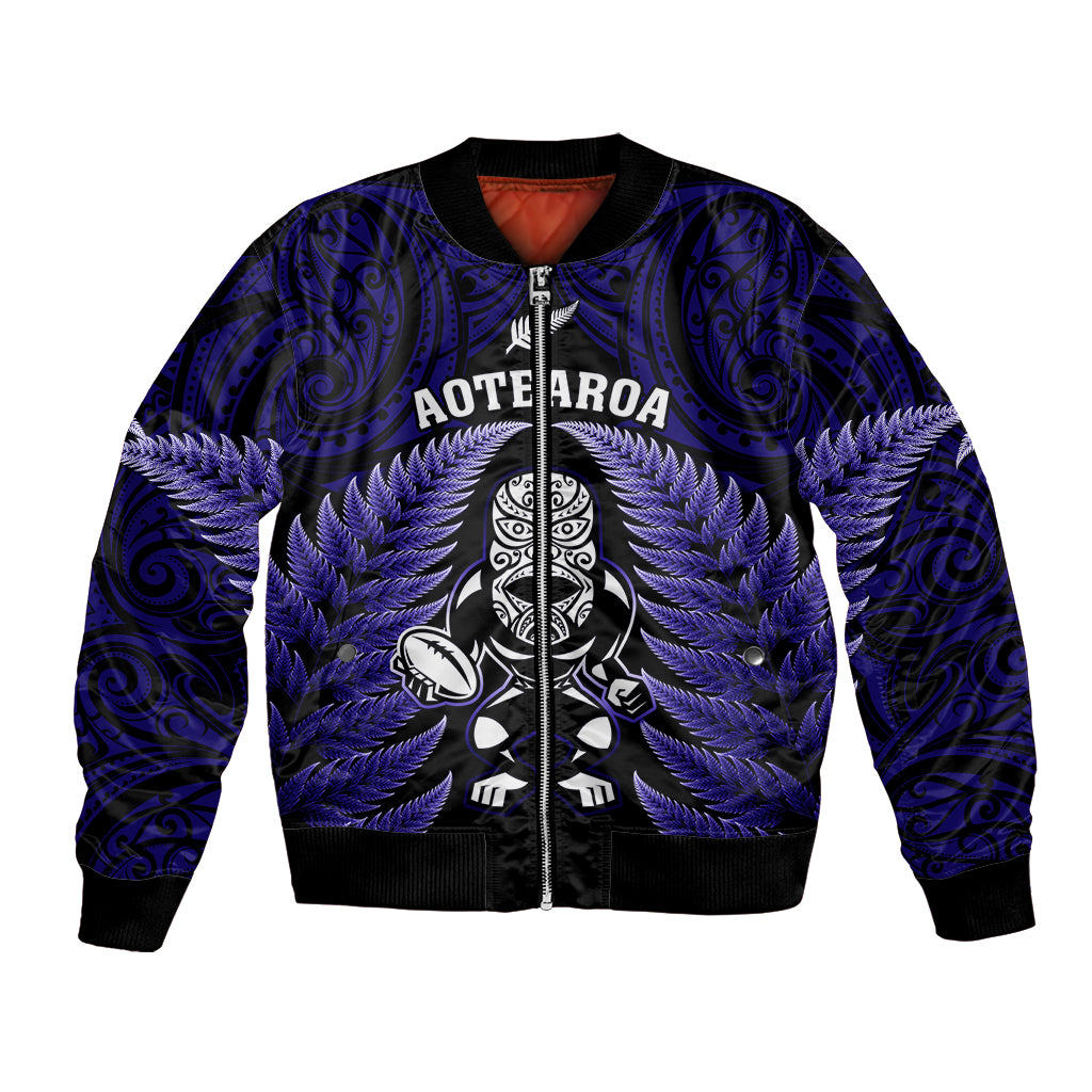 New Zealand Aotearoa Rugby Bomber Jacket NZ Tiki With Maori Fern World Cup Blue Version - Wonder Print Shop