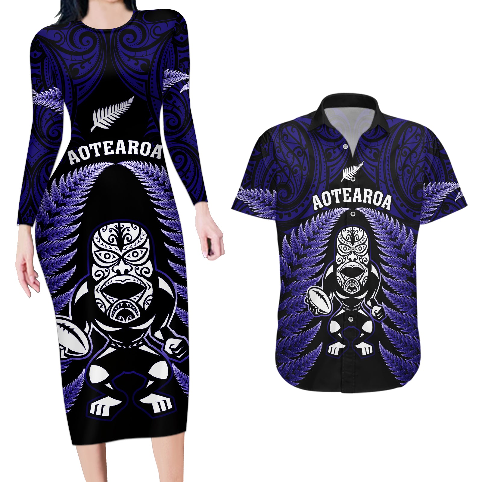 New Zealand Aotearoa Rugby Couples Matching Long Sleeve Bodycon Dress and Hawaiian Shirt NZ Tiki With Maori Fern World Cup Blue Version - Wonder Print Shop