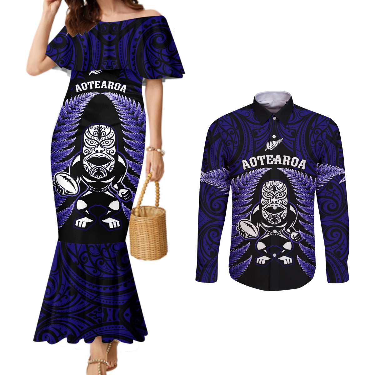 new-zealand-aotearoa-rugby-couples-matching-mermaid-dress-and-long-sleeve-button-shirts-nz-tiki-with-maori-fern-world-cup-blue-version