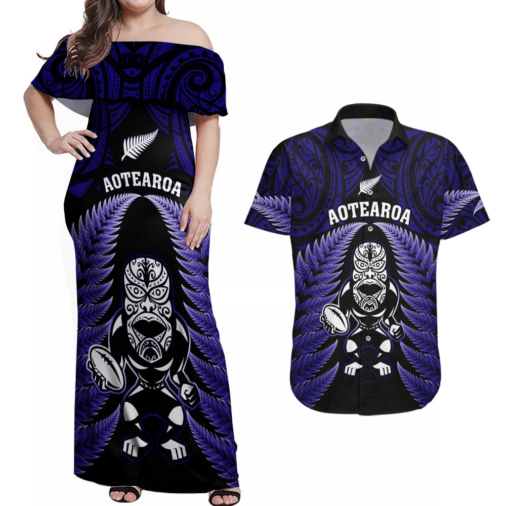 New Zealand Aotearoa Rugby Couples Matching Off Shoulder Maxi Dress and Hawaiian Shirt NZ Tiki With Maori Fern World Cup Blue Version - Wonder Print Shop