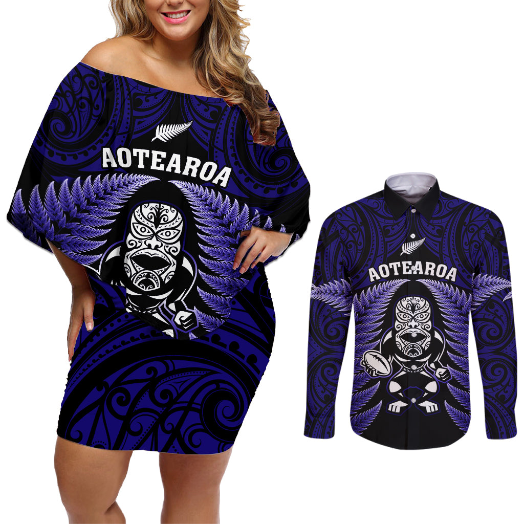 New Zealand Aotearoa Rugby Couples Matching Off Shoulder Short Dress and Long Sleeve Button Shirts NZ Tiki With Maori Fern World Cup Blue Version - Wonder Print Shop