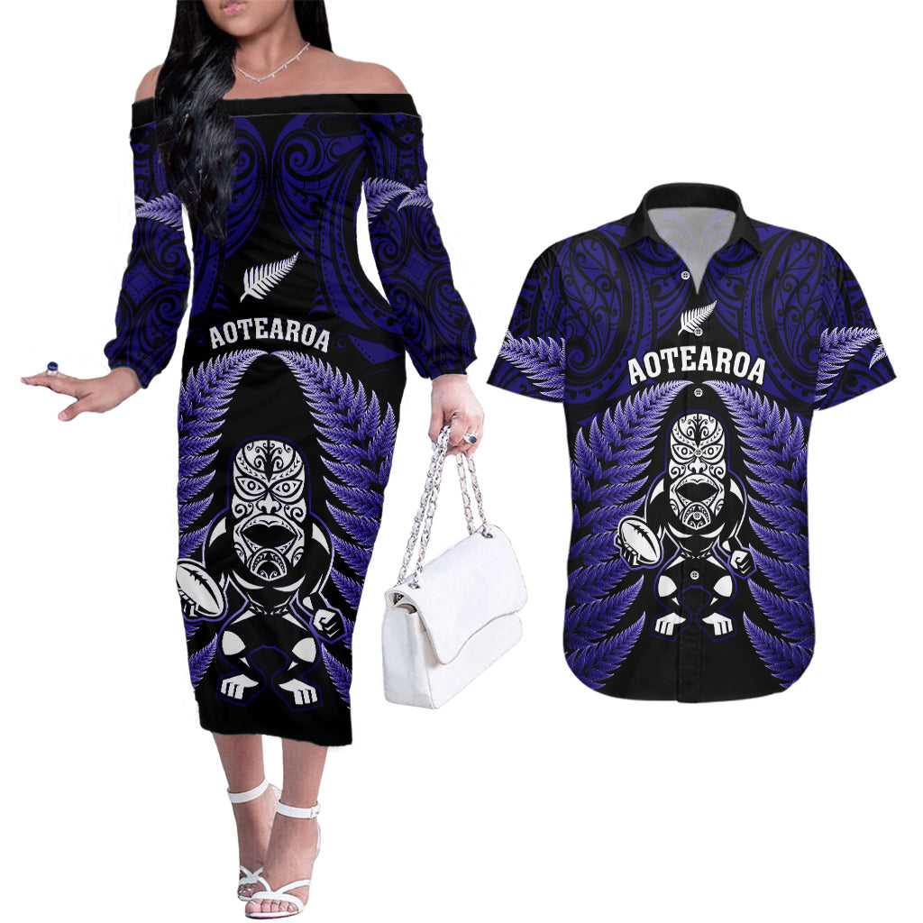 New Zealand Aotearoa Rugby Couples Matching Off The Shoulder Long Sleeve Dress and Hawaiian Shirt NZ Tiki With Maori Fern World Cup Blue Version - Wonder Print Shop